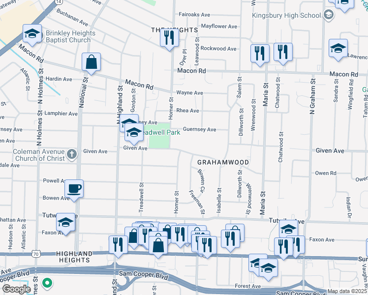 map of restaurants, bars, coffee shops, grocery stores, and more near 3662 Given Avenue in Memphis