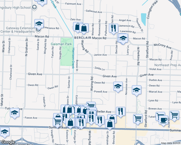 map of restaurants, bars, coffee shops, grocery stores, and more near 935 Waring Road in Memphis
