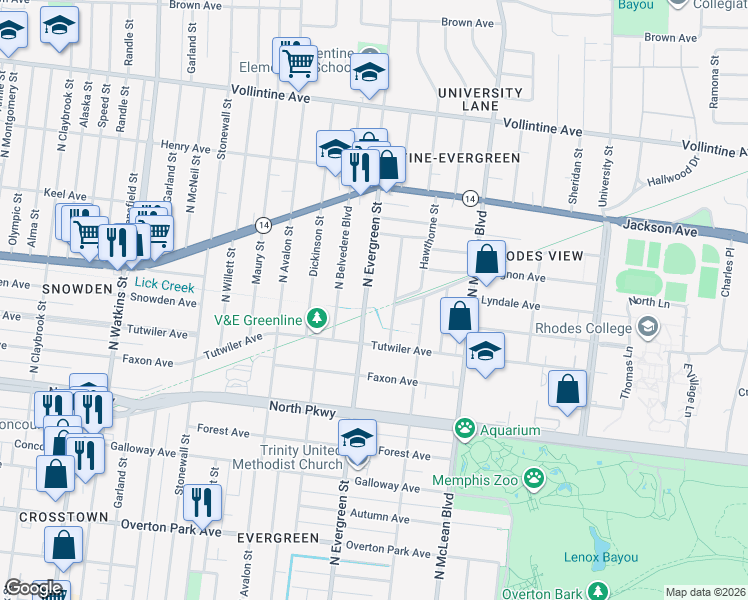 map of restaurants, bars, coffee shops, grocery stores, and more near 696 North Evergreen Street in Memphis
