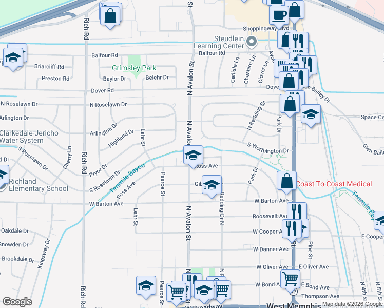 map of restaurants, bars, coffee shops, grocery stores, and more near 911 North Avalon Street in West Memphis