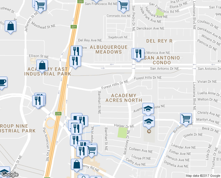 map of restaurants, bars, coffee shops, grocery stores, and more near 6204 Forest Hills Drive Northeast in Albuquerque