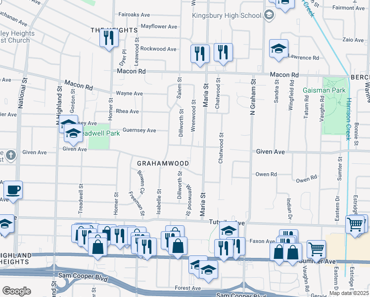 map of restaurants, bars, coffee shops, grocery stores, and more near 3851 Guernsey Avenue in Memphis