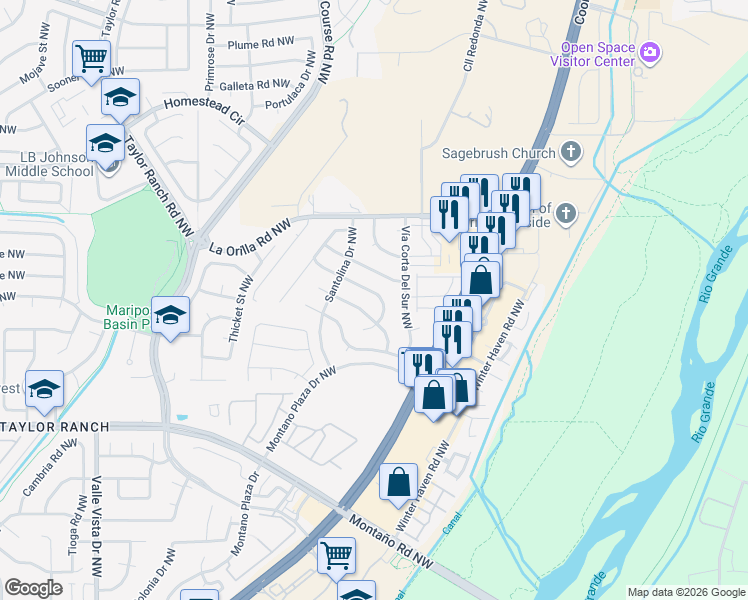 map of restaurants, bars, coffee shops, grocery stores, and more near 4216 Rabbit Brush Avenue Northwest in Albuquerque