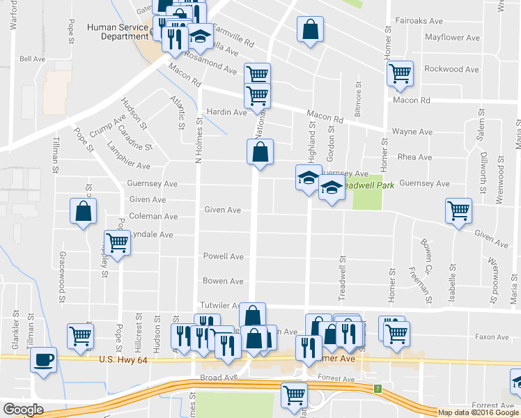 map of restaurants, bars, coffee shops, grocery stores, and more near 914 National Street in Memphis