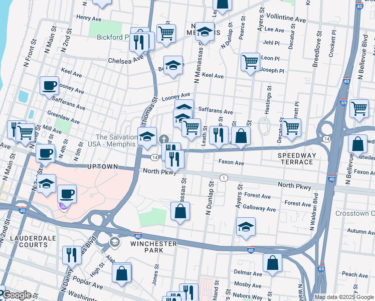 map of restaurants, bars, coffee shops, grocery stores, and more near North Manassas Street in Memphis