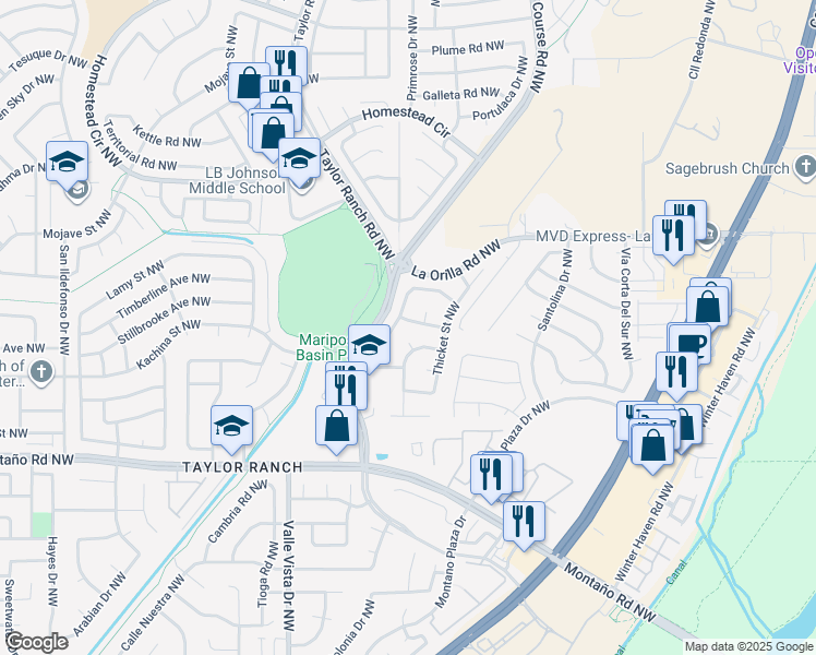 map of restaurants, bars, coffee shops, grocery stores, and more near 4624 Prairie View Road Northwest in Albuquerque
