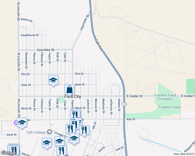 map of restaurants, bars, coffee shops, grocery stores, and more near 410 Monroe Street in Taft