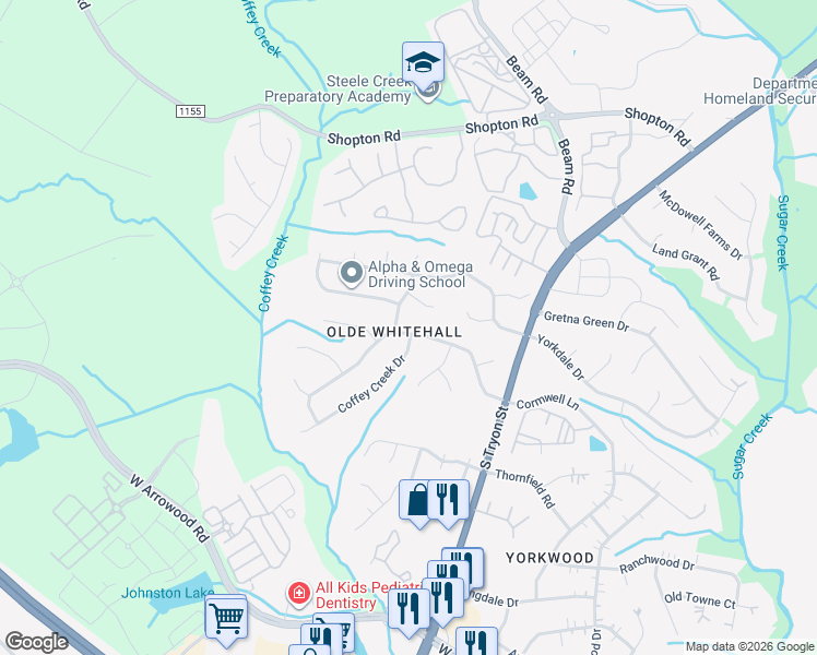 map of restaurants, bars, coffee shops, grocery stores, and more near 2524 Olde Whitehall Road in Charlotte