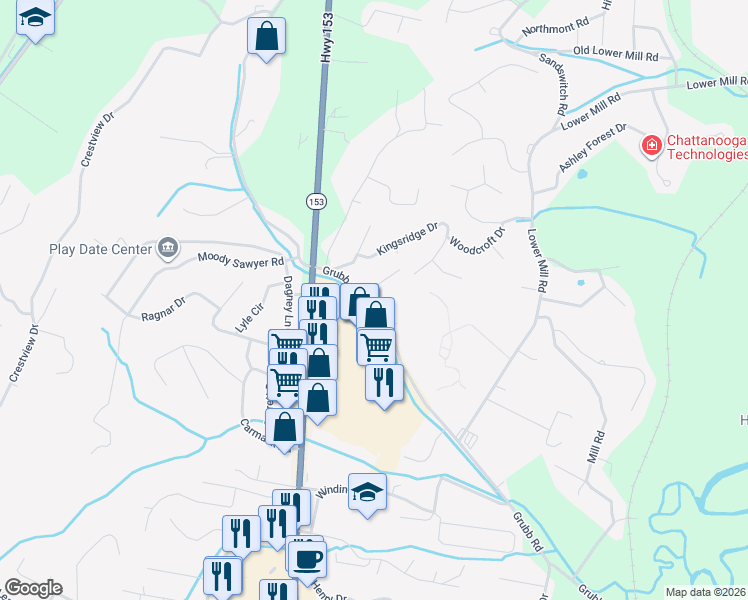 map of restaurants, bars, coffee shops, grocery stores, and more near 5870 Grubb Road in Chattanooga