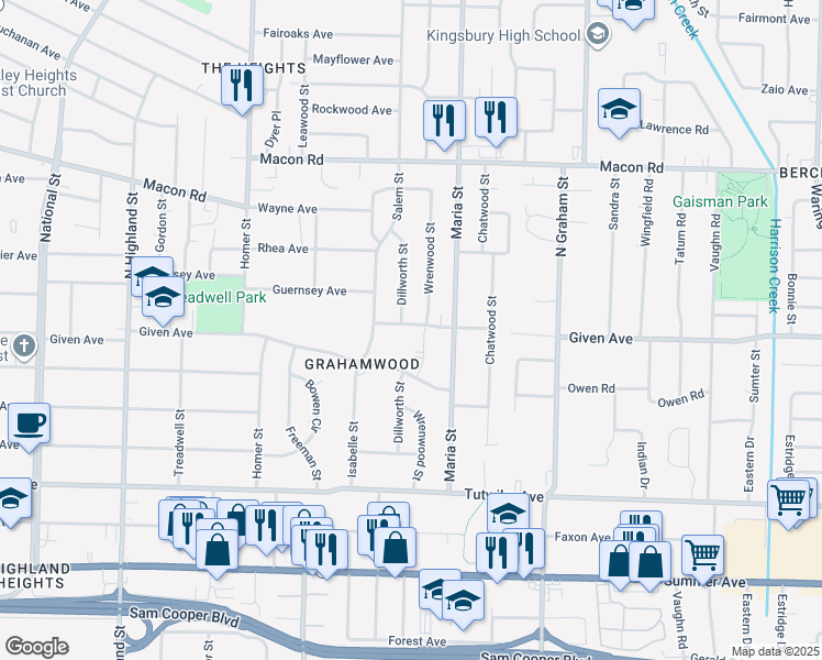 map of restaurants, bars, coffee shops, grocery stores, and more near 3851 Guernsey Avenue in Memphis