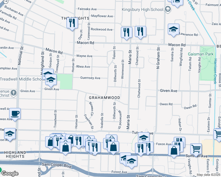 map of restaurants, bars, coffee shops, grocery stores, and more near 3801 Guernsey Avenue in Memphis