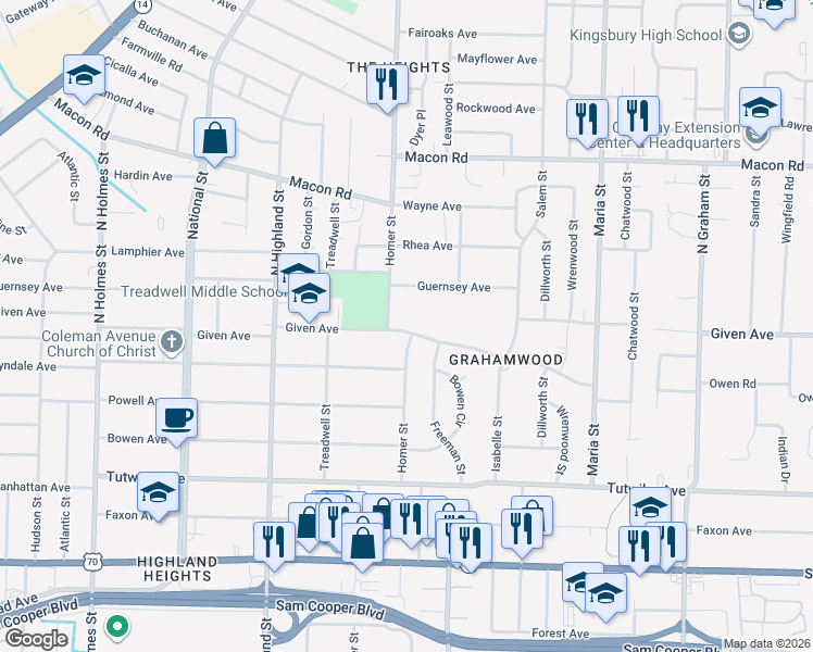 map of restaurants, bars, coffee shops, grocery stores, and more near 3662 Given Avenue in Memphis