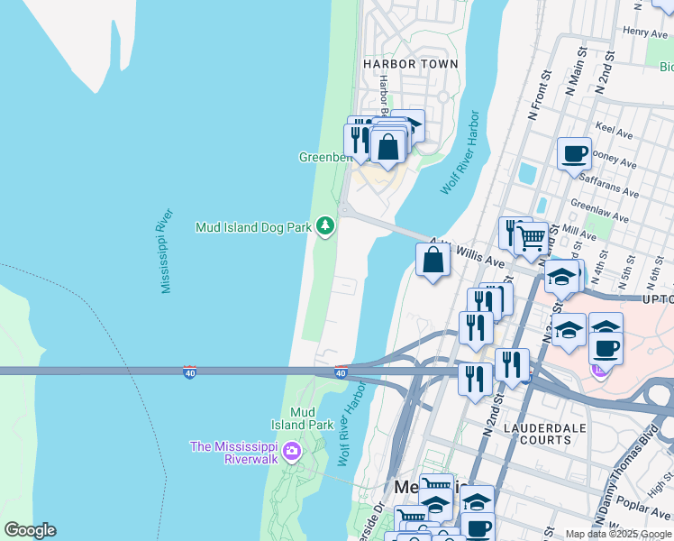map of restaurants, bars, coffee shops, grocery stores, and more near 380 Island Drive in Memphis