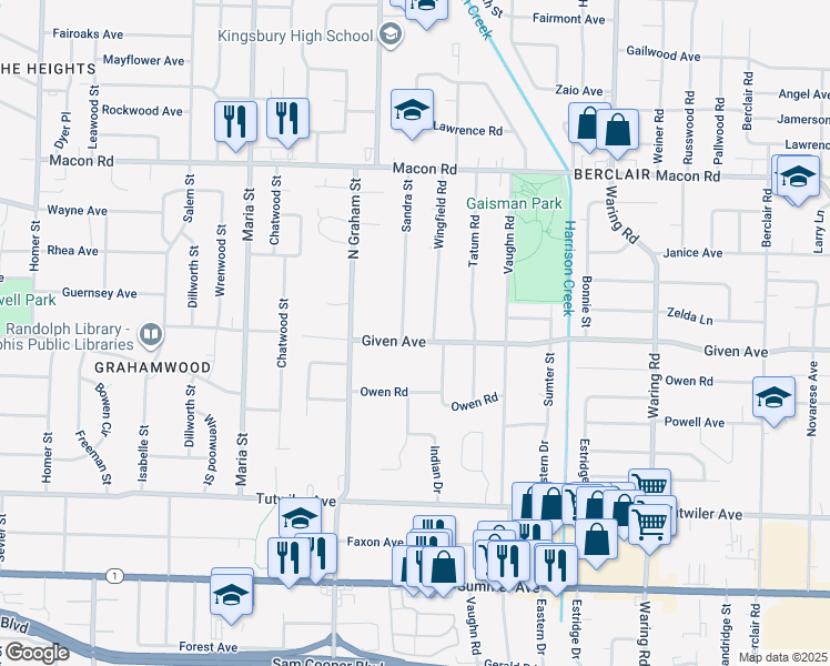 map of restaurants, bars, coffee shops, grocery stores, and more near 4074 Given Ave in Memphis