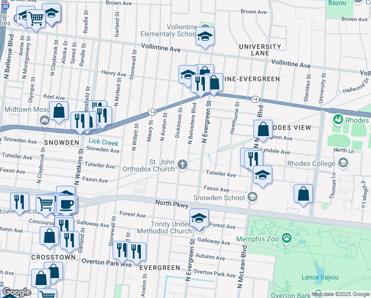 map of restaurants, bars, coffee shops, grocery stores, and more near 689 North Belvedere Boulevard in Memphis