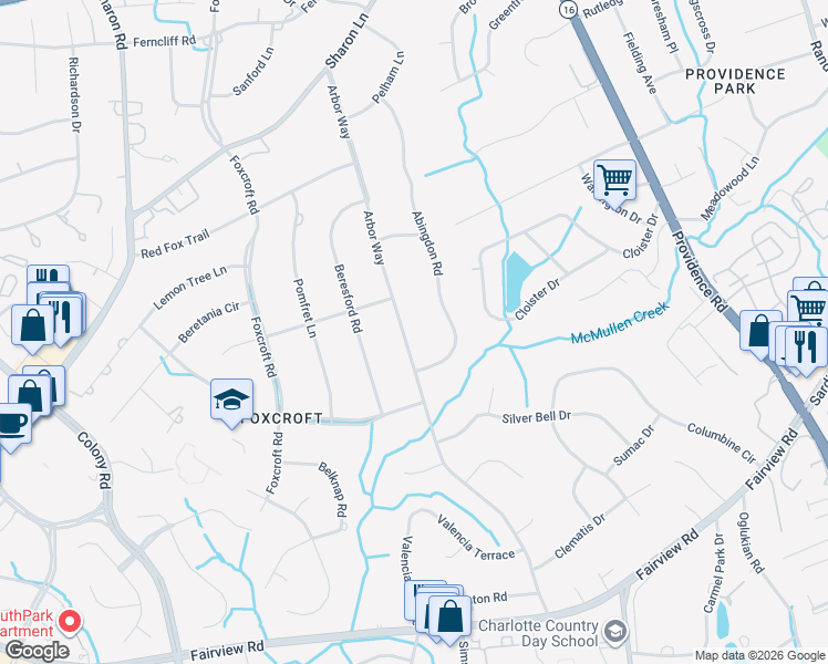 map of restaurants, bars, coffee shops, grocery stores, and more near 4023 Arbor Way in Charlotte