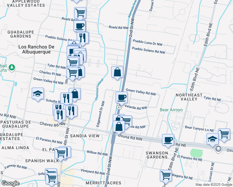 map of restaurants, bars, coffee shops, grocery stores, and more near 204 Green Valley Road Northwest in Los Ranchos de Albuquerque