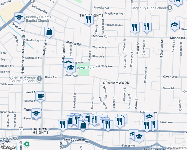 map of restaurants, bars, coffee shops, grocery stores, and more near 3662 Given Avenue in Memphis