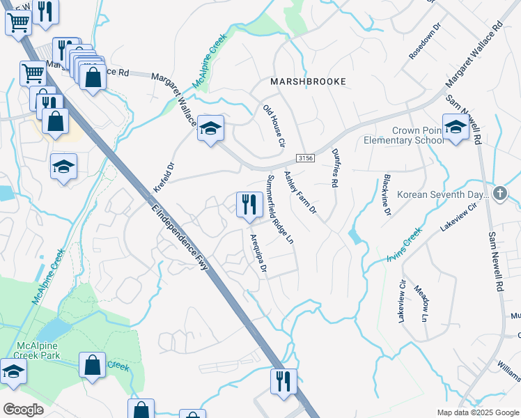 map of restaurants, bars, coffee shops, grocery stores, and more near 8045 Stoneham Court in Matthews