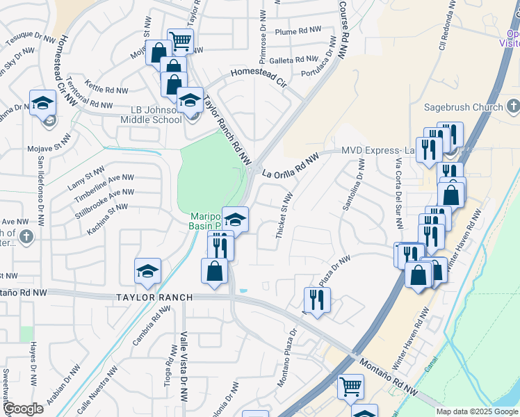 map of restaurants, bars, coffee shops, grocery stores, and more near 4624 Prairie View Road Northwest in Albuquerque