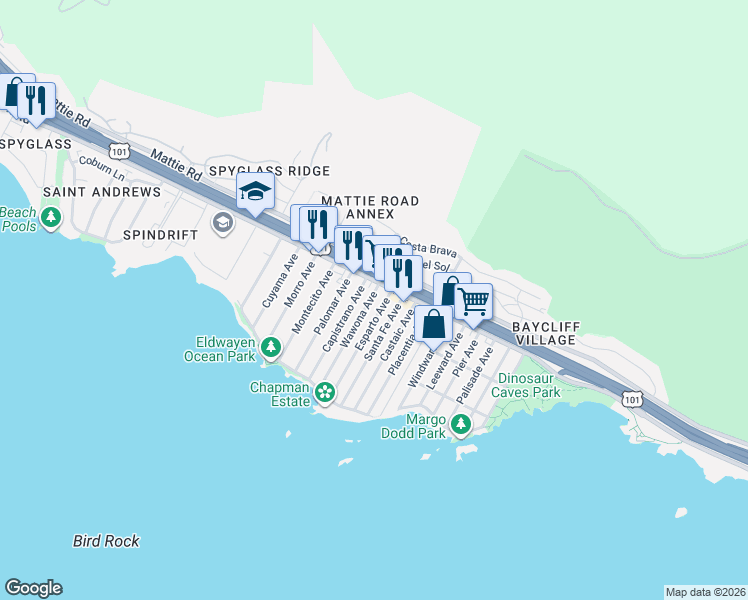 map of restaurants, bars, coffee shops, grocery stores, and more near 121 Wawona Avenue in Pismo Beach