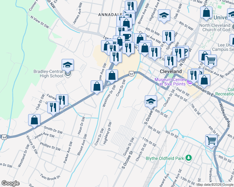 map of restaurants, bars, coffee shops, grocery stores, and more near 425 Crest Drive Southwest in Cleveland
