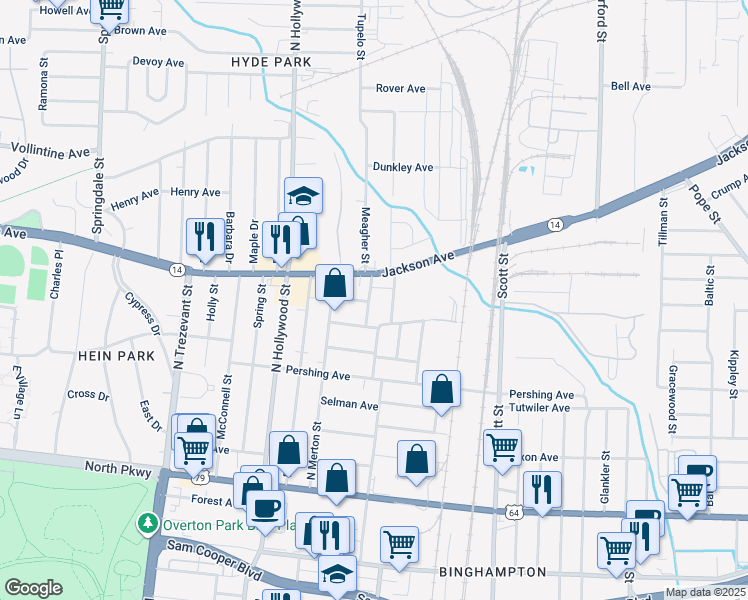 map of restaurants, bars, coffee shops, grocery stores, and more near 2551 Lyndale Avenue in Memphis