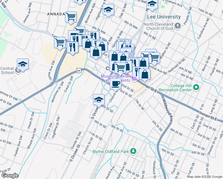map of restaurants, bars, coffee shops, grocery stores, and more near 363 S Ocoee St in Cleveland