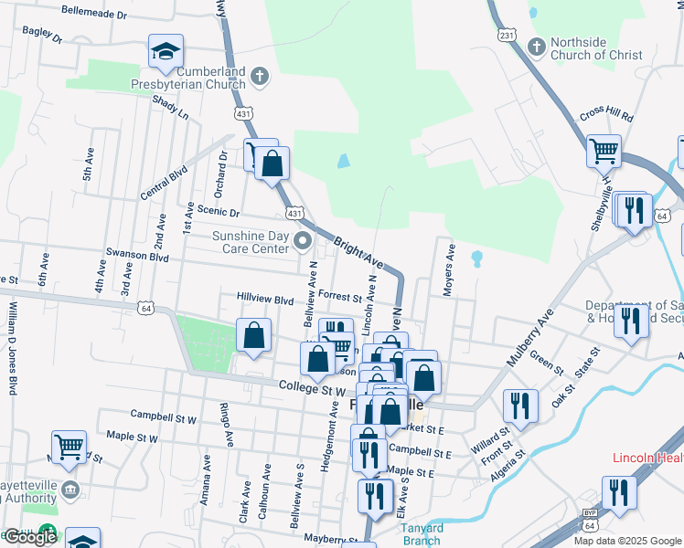 map of restaurants, bars, coffee shops, grocery stores, and more near 509 Lee Avenue in Fayetteville
