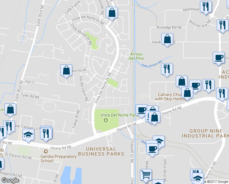 map of restaurants, bars, coffee shops, grocery stores, and more near 6804 Calle Laguna Northeast in Albuquerque
