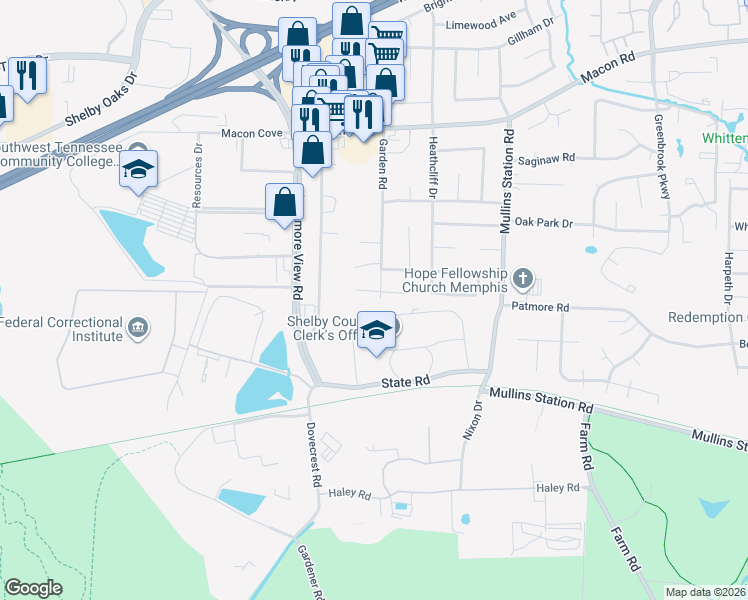 map of restaurants, bars, coffee shops, grocery stores, and more near 1175 Garden Road in Memphis
