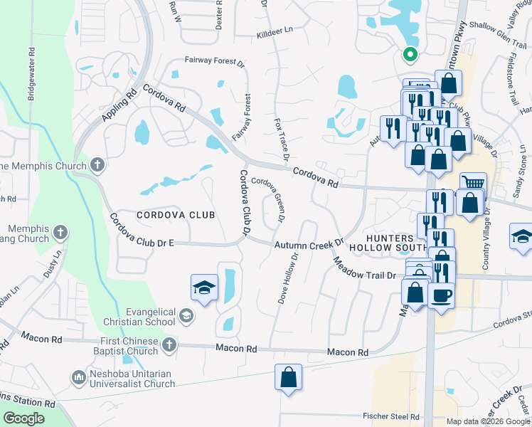 map of restaurants, bars, coffee shops, grocery stores, and more near 7749 Hunters Green Cove in Shelby County