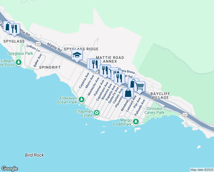 map of restaurants, bars, coffee shops, grocery stores, and more near 150 Capistrano Avenue in Pismo Beach