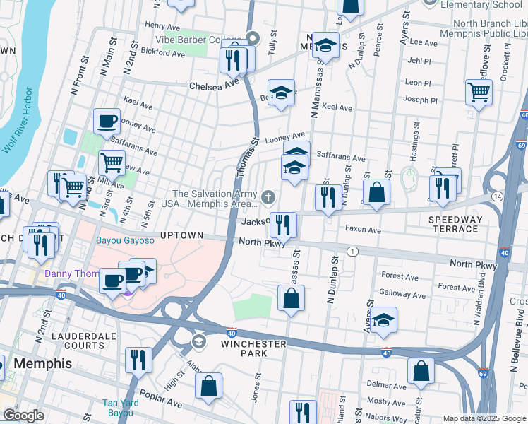 map of restaurants, bars, coffee shops, grocery stores, and more near 696 Jackson Avenue in Memphis