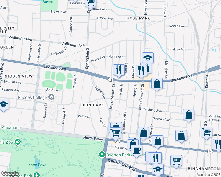 map of restaurants, bars, coffee shops, grocery stores, and more near 771 North Trezevant Street in Memphis