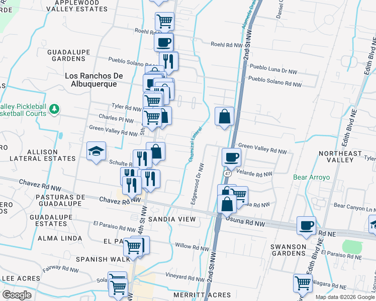 map of restaurants, bars, coffee shops, grocery stores, and more near 6741 Enchanted Valley Road Northwest in Los Ranchos de Albuquerque