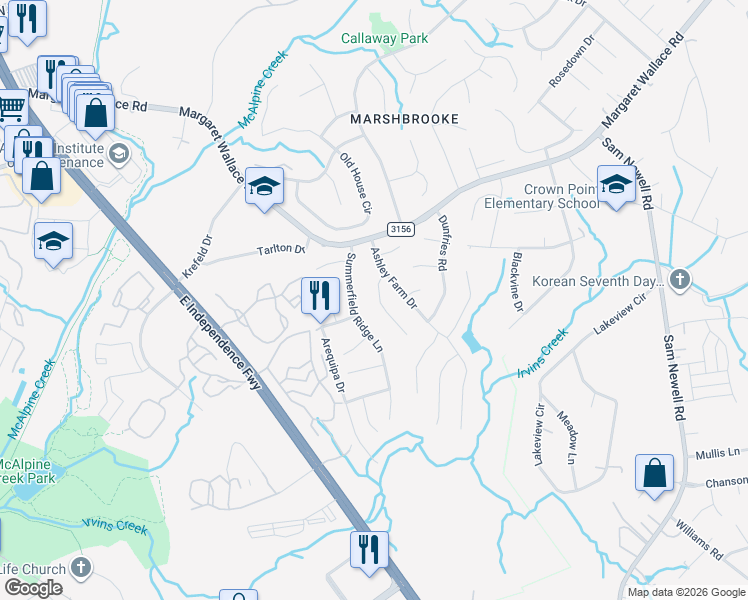 map of restaurants, bars, coffee shops, grocery stores, and more near 9918 Patrick Springs Court in Matthews