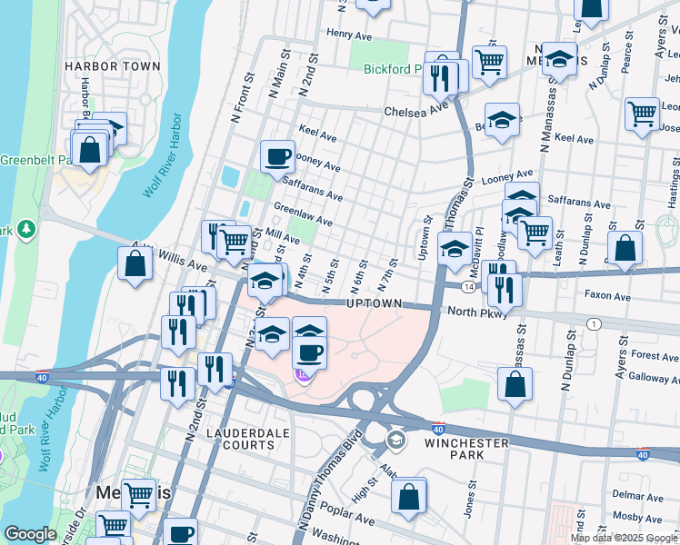 map of restaurants, bars, coffee shops, grocery stores, and more near 504 North 5th Street in Memphis