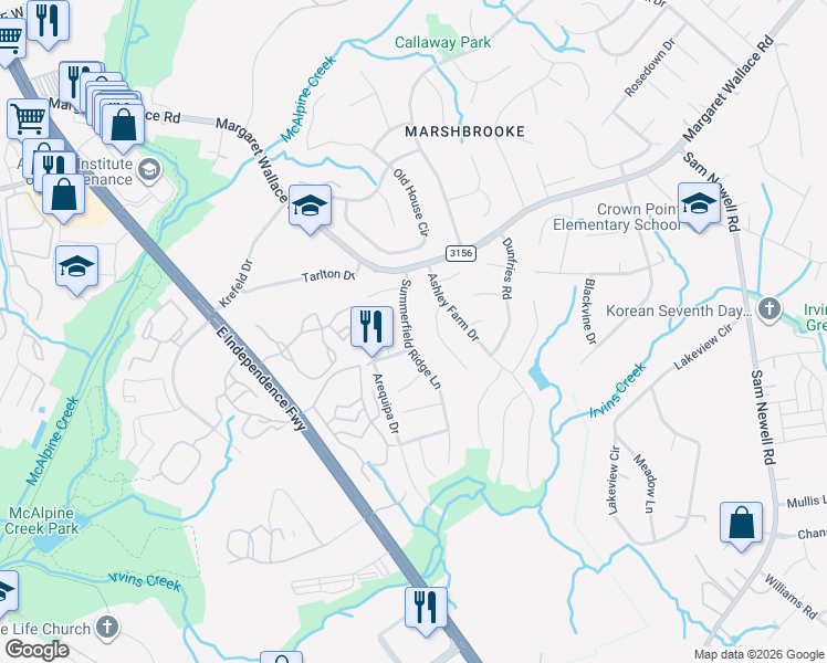 map of restaurants, bars, coffee shops, grocery stores, and more near 9918 Patrick Springs Court in Matthews