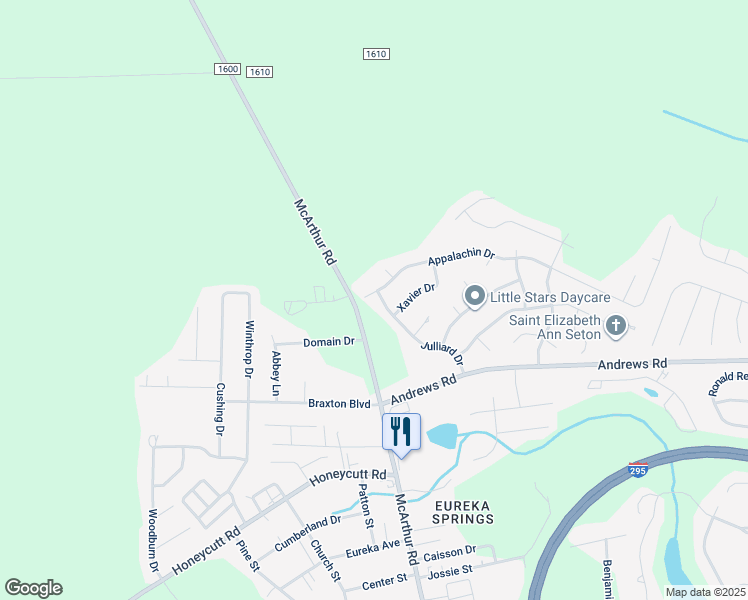 map of restaurants, bars, coffee shops, grocery stores, and more near 1043 Appalachin Drive in Fayetteville
