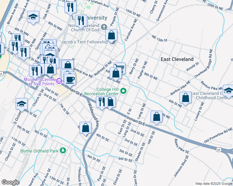 map of restaurants, bars, coffee shops, grocery stores, and more near 263 Berry Street Northeast in Cleveland