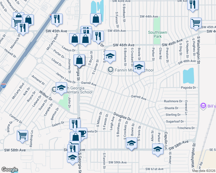 map of restaurants, bars, coffee shops, grocery stores, and more near 4712 South Milam Street in Amarillo