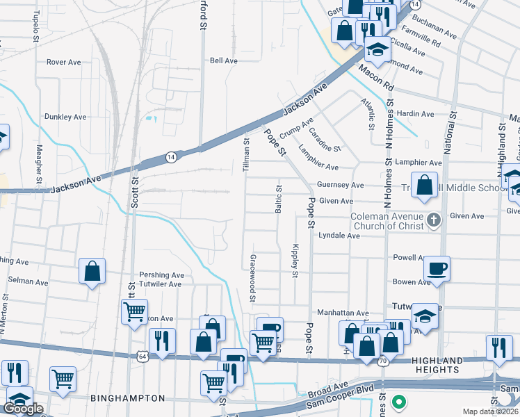 map of restaurants, bars, coffee shops, grocery stores, and more near 3038 Coleman Avenue in Memphis