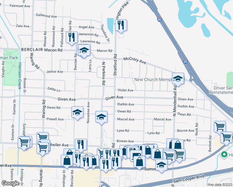 map of restaurants, bars, coffee shops, grocery stores, and more near 950 Stratford Road in Memphis