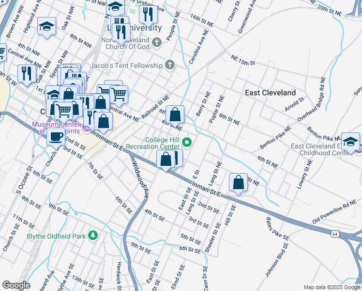 map of restaurants, bars, coffee shops, grocery stores, and more near 263 Berry Street Northeast in Cleveland