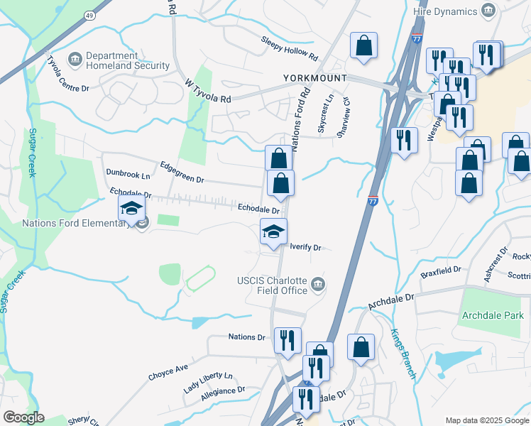 map of restaurants, bars, coffee shops, grocery stores, and more near 115 Echodale Drive in Charlotte