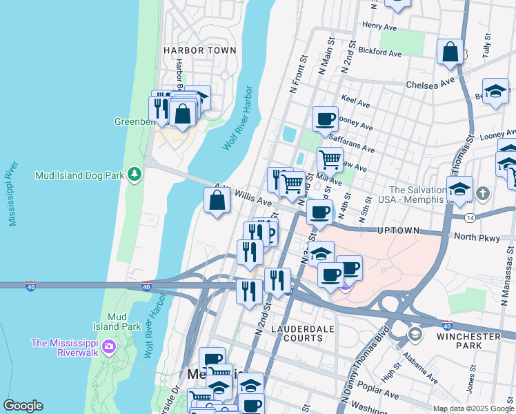 map of restaurants, bars, coffee shops, grocery stores, and more near 102 A.W. Willis Avenue in Memphis