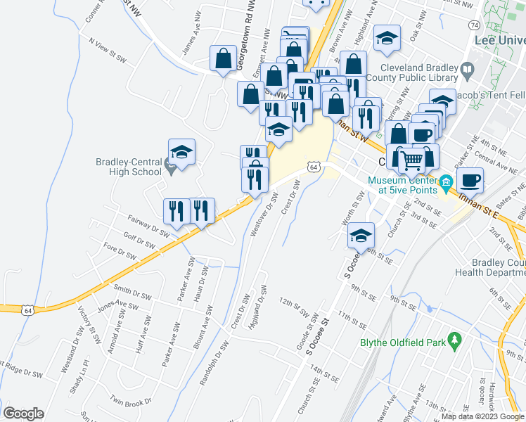map of restaurants, bars, coffee shops, grocery stores, and more near 610 Westover Drive Southwest in Cleveland