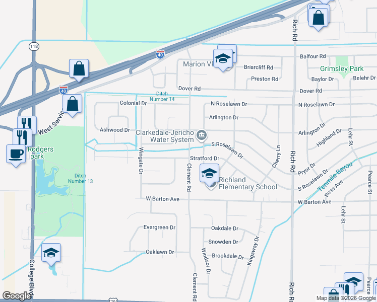 map of restaurants, bars, coffee shops, grocery stores, and more near 1002 Clement Road in West Memphis