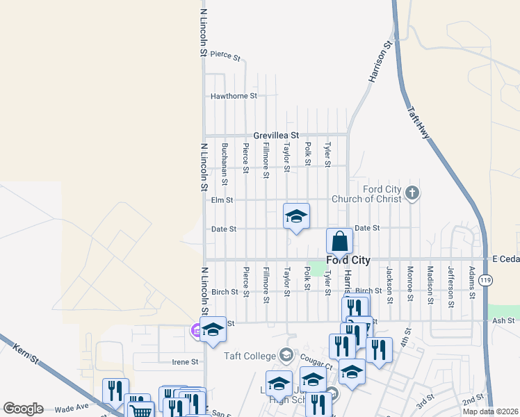 map of restaurants, bars, coffee shops, grocery stores, and more near 413 Fillmore Street in Taft